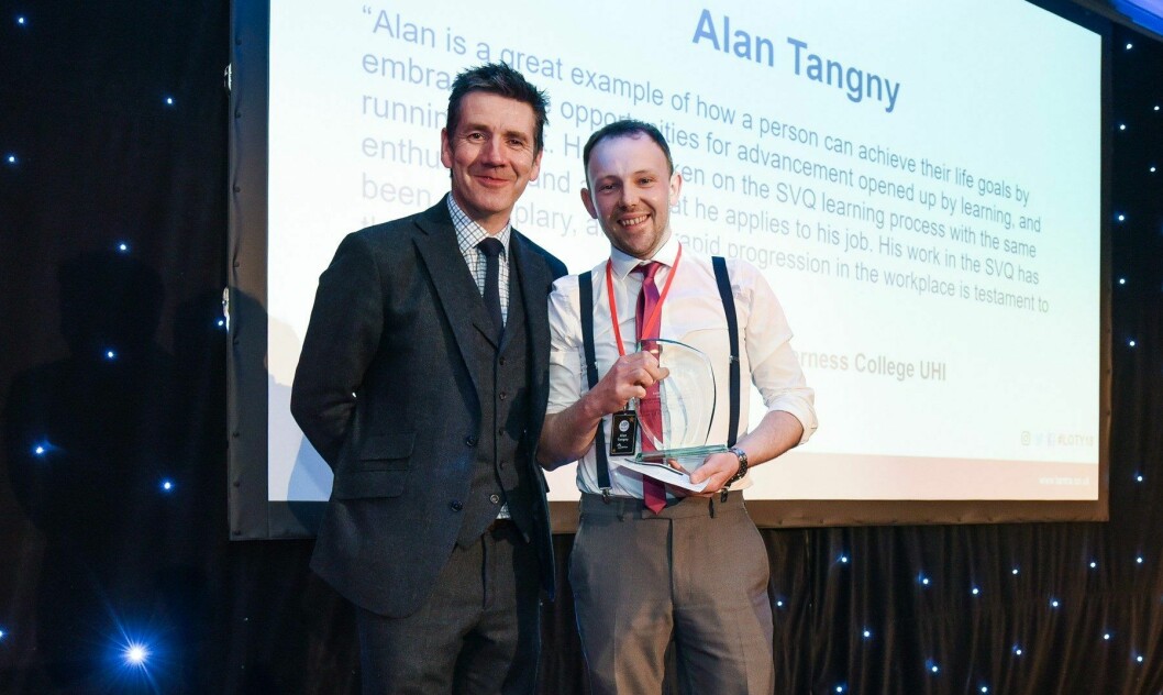 Alan Tangny, pictured with 2018 host Dougie Vipond,  won last year's Aquaculture Learner of the Year award. Photo: FFE.