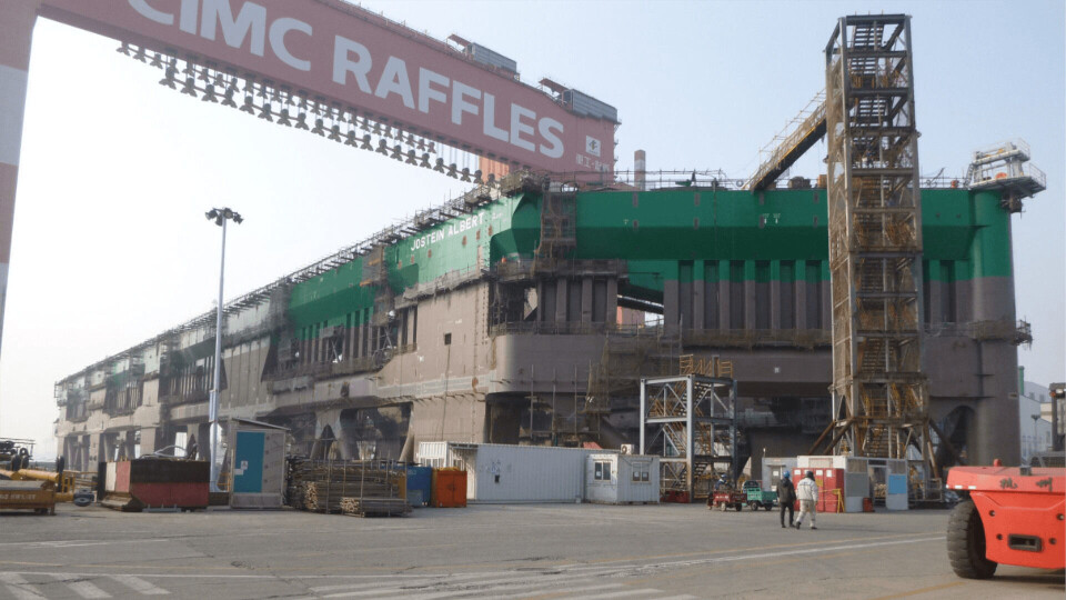 The 'bow' end of the ship-shaped Havfarm in dry dock at CIMC Raffles' Yantai yard in China. Photo: Nordlaks.