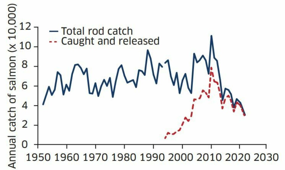 Last year's rod catch of salmon was the lowest on record. Click image to enlarge. Graph: Marine Scotland.