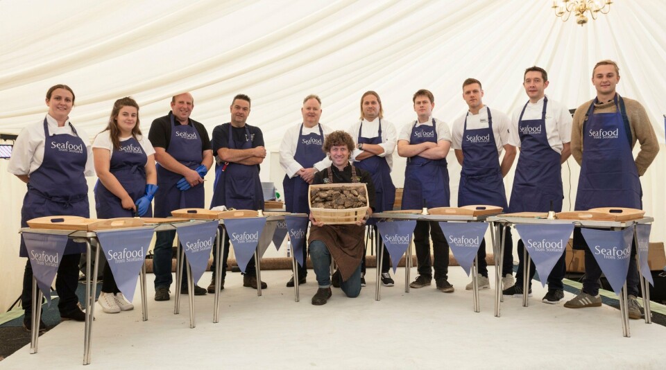 The oyster shuckers, with host Patrick McMurray, front, and eventual winner Gordon Reekie, fourth from right. Photo: Susie Lowe