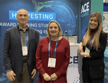 Ace Aquatech's chief sales and marketing officer Tara McGregor-Woodhams, centre, promoting the stunner with North America sales manager Sam Bowman, and marketing manager Michelle Wildeboer at Seafood Expo North America in Boston in March. Photo: Ace Aquatech. Ace Aquatech's chief sales and marketing officer Tara McGregor-Woodhams, centre, promoting the stunner with North America sales manager Sam Bowman, and marketing manager Michelle Wildeboer at Seafood Expo North America in Boston in March. Photo: Ace Aquatech.