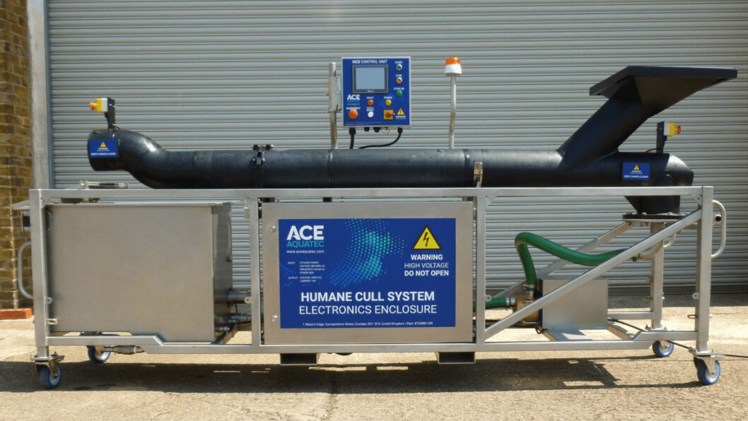 An example of Ace Aquatec's stunner. Fish are stunned while still in water passing through the pipe, reducing stress before slaughter. The pictured version has been designed to cull excess smolts, which allows the fish to be used in pet food. Smolts culled with an overdose of anaesthetic must go to landfill. Photo: Ace Aquatec. An example of Ace Aquatec's stunner. Fish are stunned while still in water passing through the pipe, reducing stress before slaughter. The pictured version has been designed to cull excess smolts, which allows the fish to be used in pet food. Smolts culled with an overdose of anaesthetic must go to landfill. Photo: Ace Aquatec.