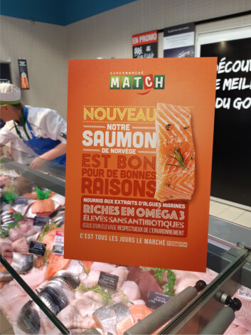 A promotional board for the algal oil-fed salmon at Supermarché Match. "Our Norwegian salmon is good for good reason," claims the supermarket.