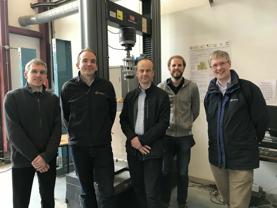 From left: Adam Caton (Sustainable Marine Energy), Jamie Young (Gael Force), Andy Hunt (SME), Benjamin Cerfontaine and Jonathan Knappett (both University of Dundee). Photo: SAIC.