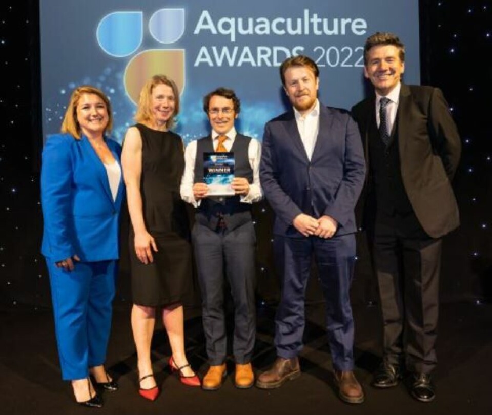 From left: Aquaculture UK event director Cheri Arvonio, Sustainable Aquaculture Innovation Centre innovation and engagement director Sarah Riddle, BMT principal consultant David Vale, BMT environmental consultant Cemlyn Barlow, and awards host Dougie Vipond at the Aquaculture Awards on Wednesday, where BMT won the Innovation award. Vale and Barlow will both be presenting at the Sealice Conference. Photo: Diversified UK.