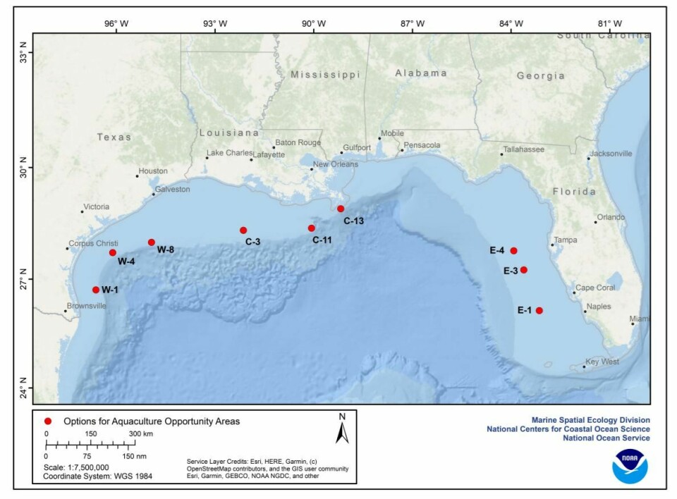 Distribution of options for Aquaculture Opportunity Areas in the US federal waters of the Gulf of Mexico. The red circles represent the options, but do not reflect the size of the options. Map: NOAA.