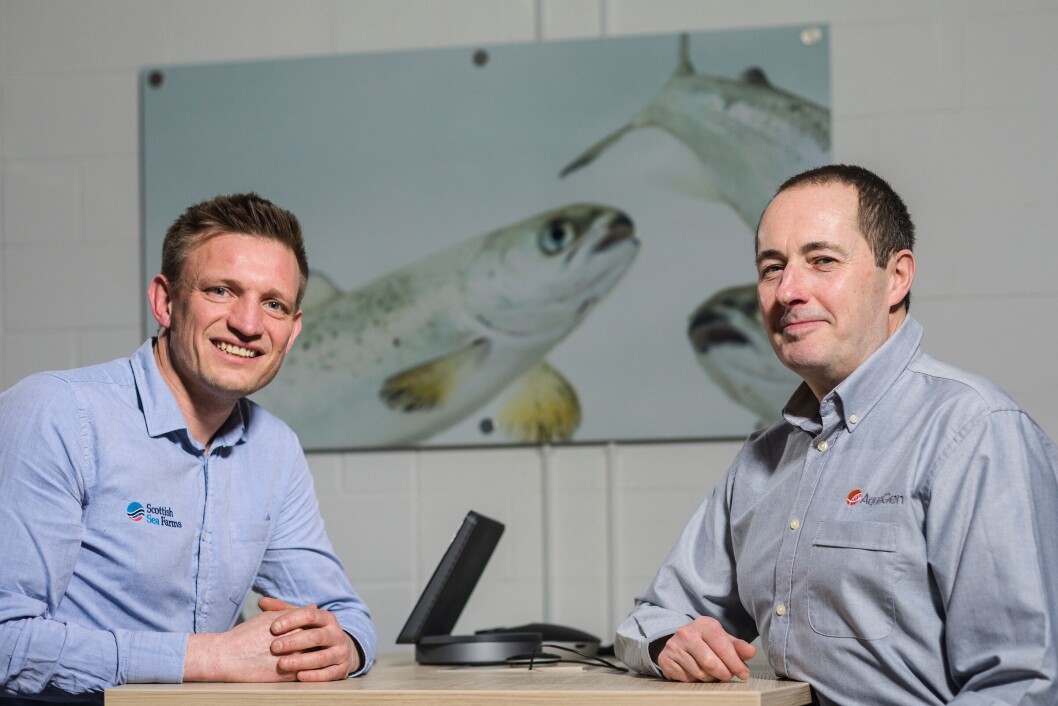 Hooray for Holywood: SSF head of fish health Ralph Bickerdike, left, with AquaGen Scotland managing director Andy Reeve. Photo: SSF. Hooray for Holywood: SSF head of fish health Ralph Bickerdike, left, with AquaGen Scotland managing director Andy Reeve. Photo: SSF.