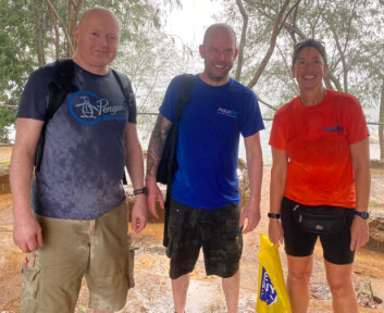 From left: Aqualife assembly manager Laurie Woodtli, head of engineering Kristian Clezy, and business development manager Kathy Taylor after being caught in heavy rain in Ghana. Photo: Aqualife. From left: Aqualife assembly manager Laurie Woodtli, head of engineering Kristian Clezy, and business development manager Kathy Taylor after being caught in heavy rain in Ghana. Photo: Aqualife.