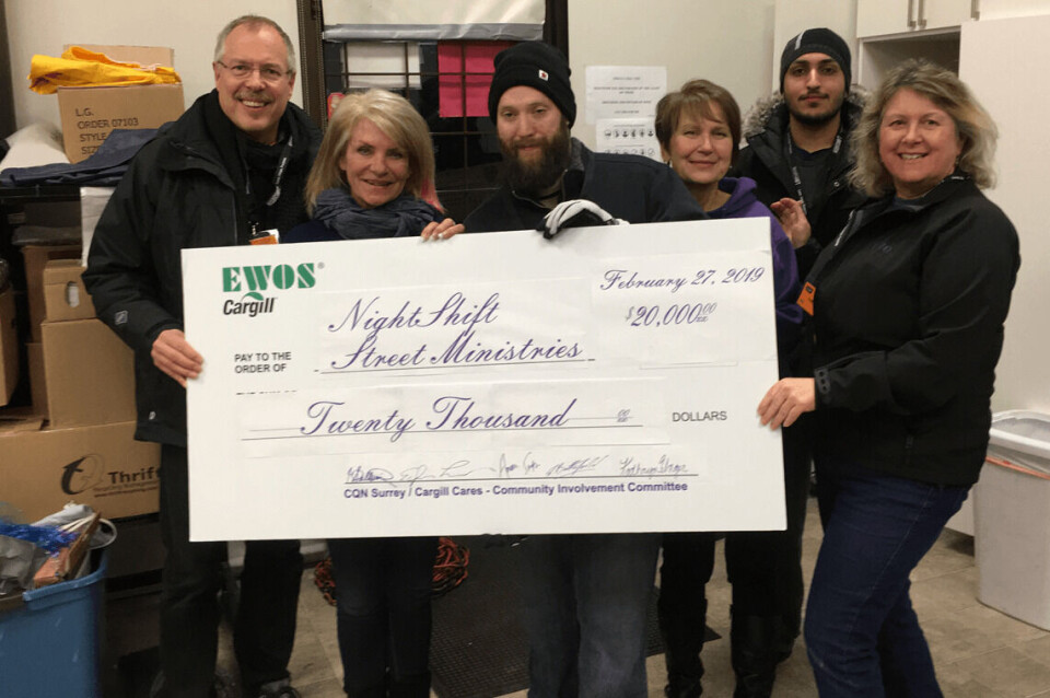 The Cargill Aqua Nutrition (EWOS) Canada Community Involvement Team and volunteers partner with NightShift Street Ministries Society in Whalley. Image: LinkedIn