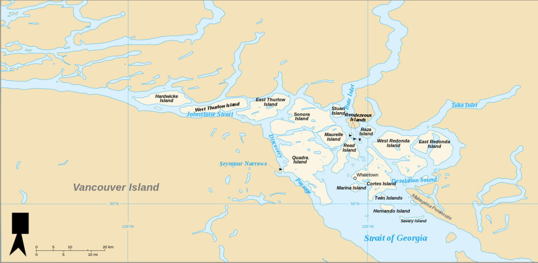 The Discovery Islands. Image: Wikipedia Commons / Carte Iles Discovery. The Discovery Islands. Image: Wikipedia Commons / Carte Iles Discovery.