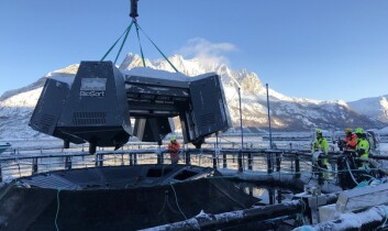 The iFarm sensor array being installed into its housing in one of the phase 1 pens at Cermaq's Martnesvika site in Norway. Six different versions are being trialled in phase 2 at a different site. Click on image to enlarge. Image: BioSort.
