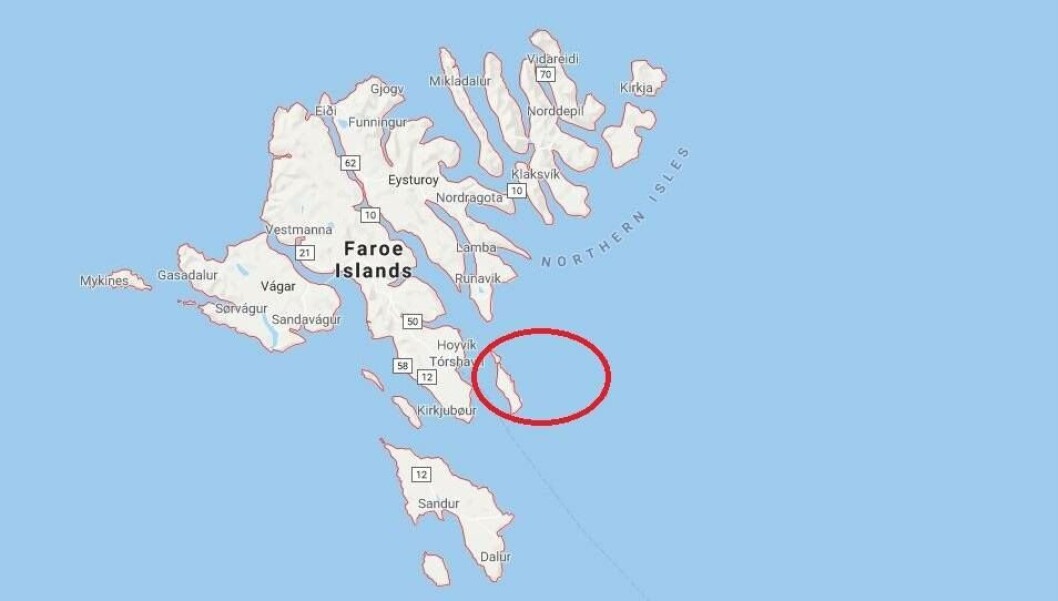 Bakkafrost hopes to move into open seas east of the island of Nolsoy, circled. Map: Google. Bakkafrost hopes to move into open seas east of the island of Nolsoy, circled. Map: Google.