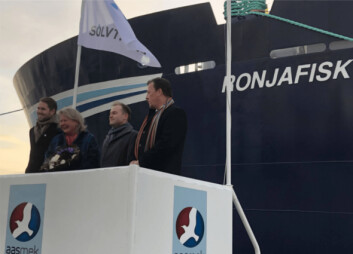 The Ronafisk being baptised by its "godmother", SSC communications and new business development director Su Cox, in December 2019. Photo: Aas Mek. The Ronafisk being baptised by its "godmother", SSC communications and new business development director Su Cox, in December 2019. Photo: Aas Mek.