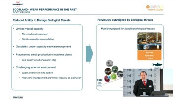  Ian Lister, managing director of the Scottish Salmon Company, shows a slide illustrating some of the reasons for change as he addresses Bakkafrost's Capital Markets Day. Click on image to enlarge.