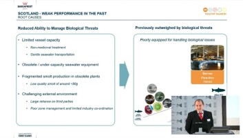 Ian Lister, managing director of the Scottish Salmon Company, shows a slide illustrating some of the reasons for change as he addresses Bakkafrost's Capital Markets Day. Click on image to enlarge. Ian Lister, managing director of the Scottish Salmon Company, shows a slide illustrating some of the reasons for change as he addresses Bakkafrost's Capital Markets Day. Click on image to enlarge.