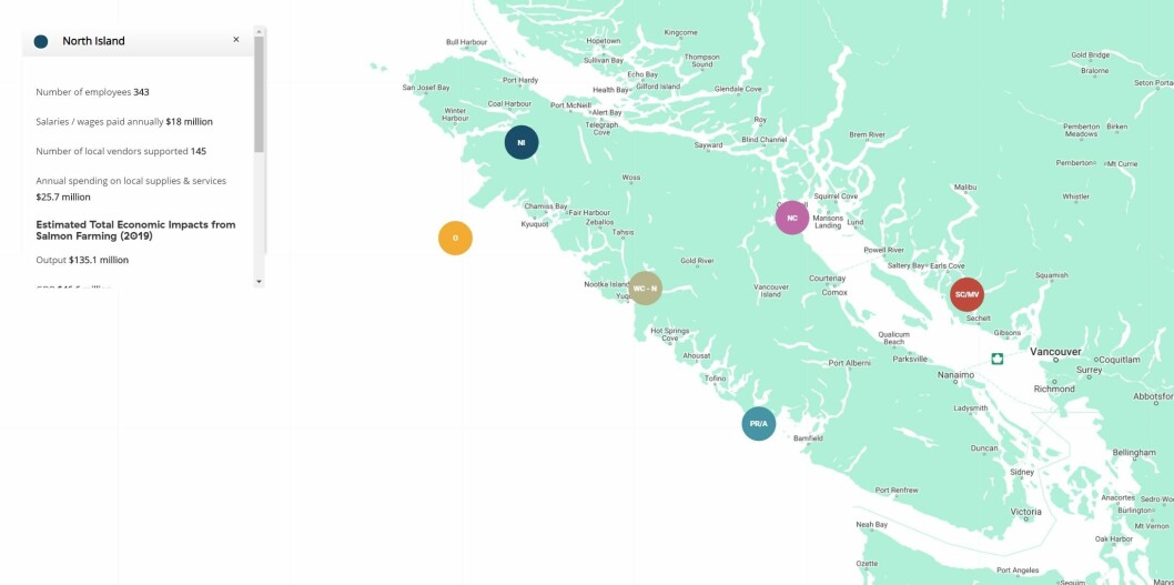The BCSFA's Performance Dashboard includes an interactive map of salmon farming areas.