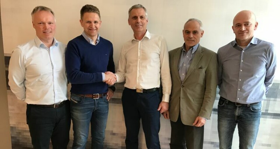 From left: Trond Tuvstein, CFO SalMar ASA,Olav-Andreas Ervik, Director Farming SalMar ASA,Jan-Emil Johannessen, CEO SalmoBreed AS,Håvard Bakke, Business Development Director, SalmoBreed AS,Bård Skjelstad, Head of Biology and Nutrition SalMar ASA.