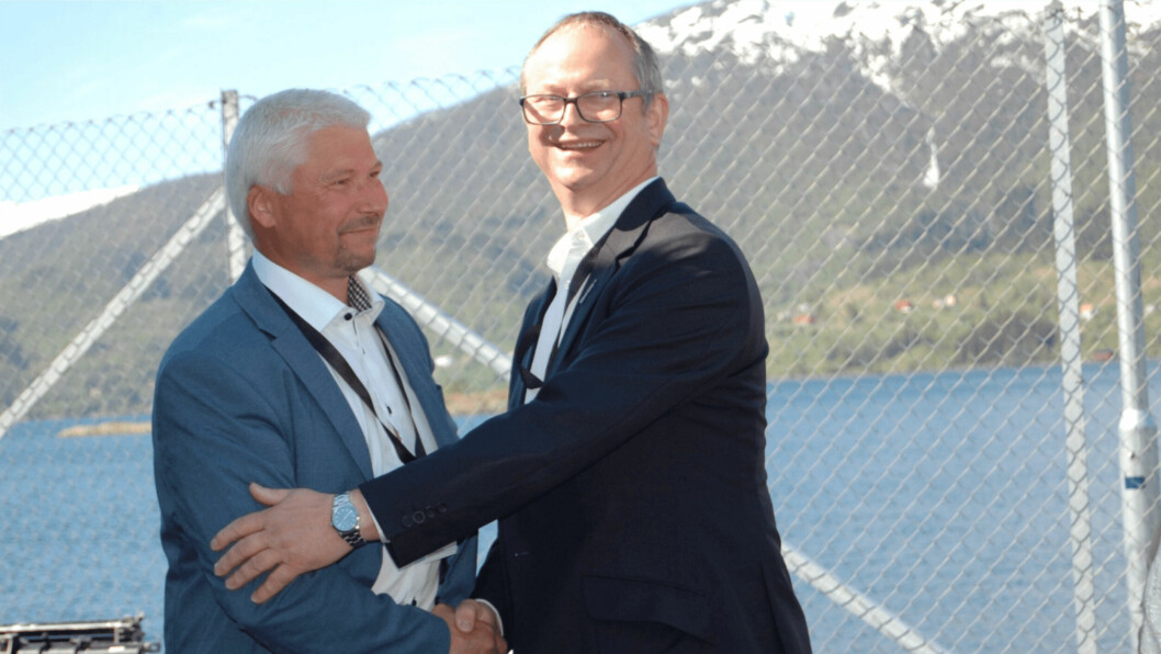 Benchmark chief executive Malcolm Pye, right, pictured at the recent opening of the company's SalmoBreed Salten egg facility with its general manager Stig-Joar Krogli . Photo: Harrieth Lundberg.