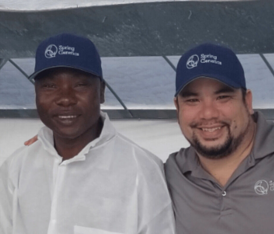 Alfred Kadzomba, left, with Hideyoshi Segovia during a visit to Spring Genetics' facility in Miami last year. Photo: Spring Genetics.
