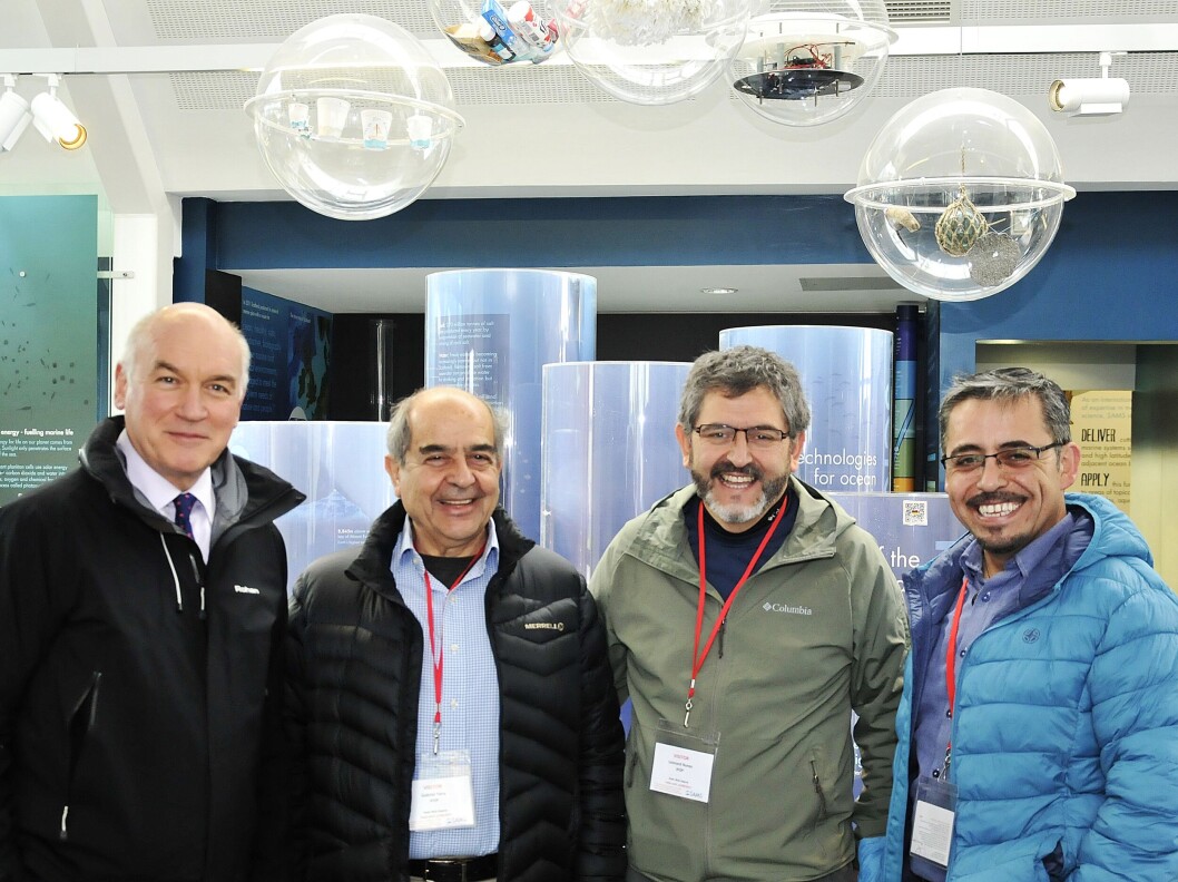 David Guthrie, left, head of enterprise at SAMS Research Services Ltd, meets representatives of Chile’s Instituto de Fomento Pesquero, from left: Gabriel Yany, Leonardo Nunez and Mauricio Galvez. Photo: SAMS David Guthrie, left, head of enterprise at SAMS Research Services Ltd, meets representatives of Chile’s Instituto de Fomento Pesquero, from left: Gabriel Yany, Leonardo Nunez and Mauricio Galvez. Photo: SAMS