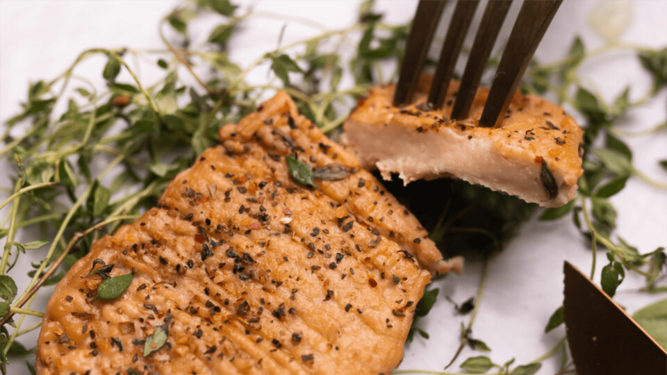 SeaSpire's plant-based red snapper fillet produced using 3D printing. Photo: SeaSpire.