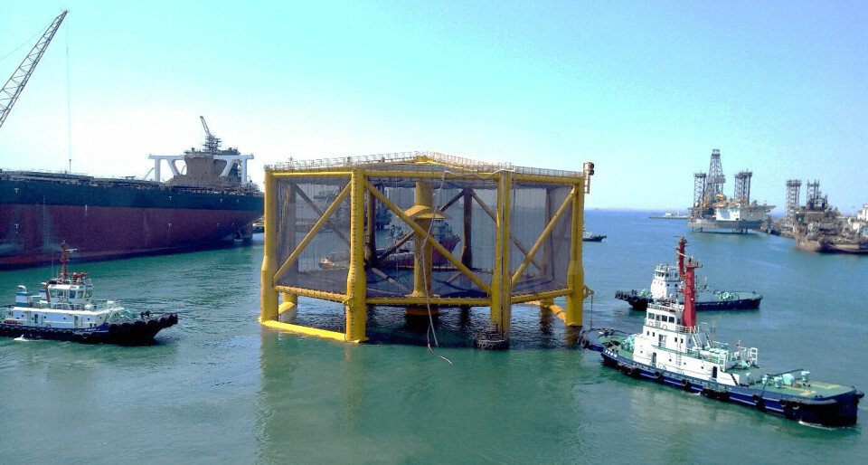 An early Shenlan cage. The latest version can hold 1 million fish and will be used 130 miles offshore. Photo: Wuchang Shipbuilding.