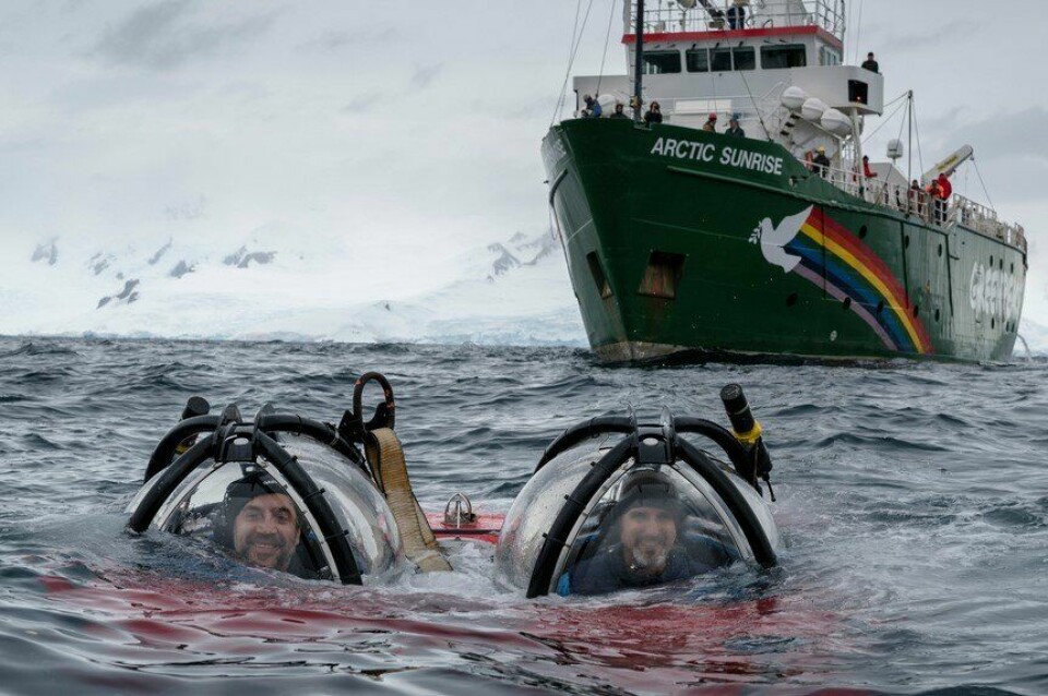 Actor Javier Bardem, left, and submarine pilot John Hocevar explore Antarctica. Photo: Greenpeace
