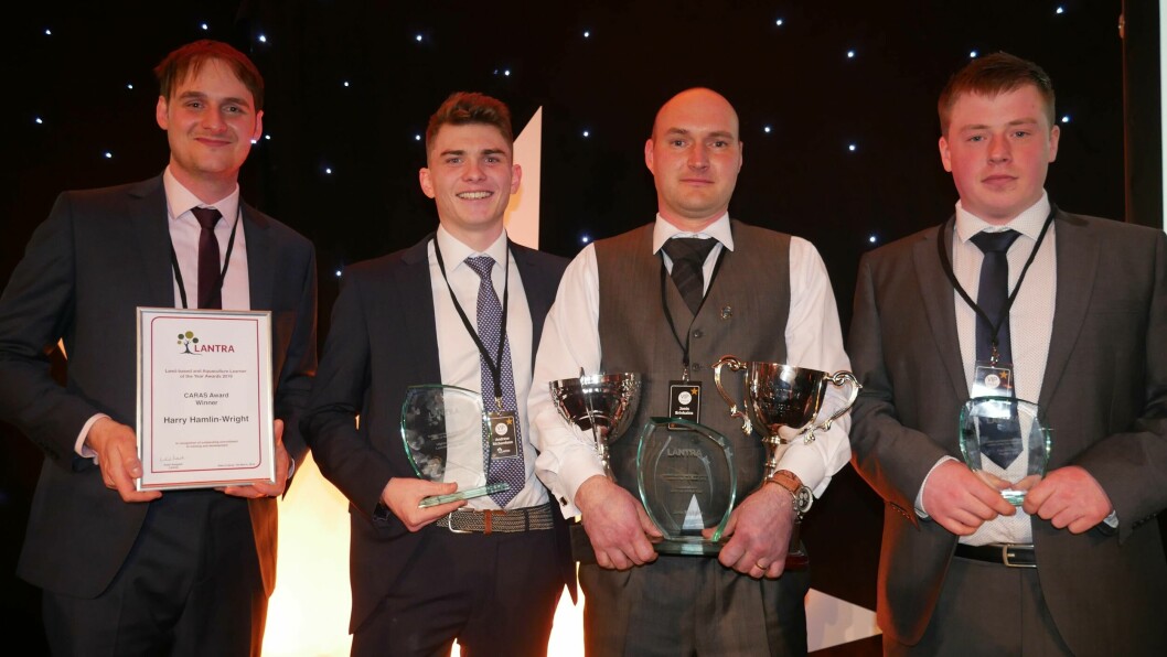 Aquaculture's award winners: from left, Harry Hamlin-Wright (Dawnfresh), Andrew Richardson (UHI), triple winner Janis Brivkalns (SSC) and Billy Welsh (SSF). Photo: Gareth Moore / FFE.