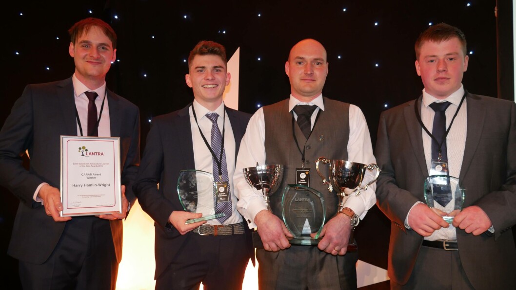 Aquaculture's award winners: from left, Harry Hamlin-Wright (Dawnfresh), Andrew Richardson (UHI), triple winner Janis Brivkalns (SSC) and Billy Welsh (SSF). Photo: Gareth Moore / FFE. Aquaculture's award winners: from left, Harry Hamlin-Wright (Dawnfresh), Andrew Richardson (UHI), triple winner Janis Brivkalns (SSC) and Billy Welsh (SSF). Photo: Gareth Moore / FFE.