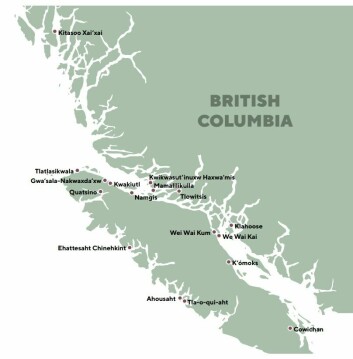 A map showing First Nations involved in salmon farming in BC. Image taken from FNFFS report. Click to enlarge.
