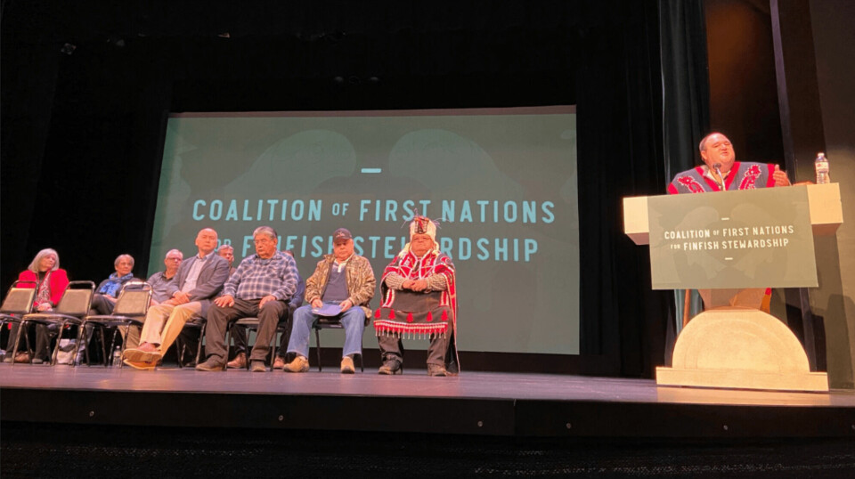Members of the Coaltion of First Nations for Finfish Stewardship at the launch of the organisation in March last year. The BC Salmon Farmers' Association is backing the rights of Nations to play a central role in transition.
