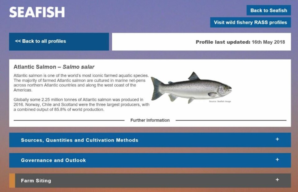 The Seafish web tool offers seafood buyers an accessible and comprehensive guide to farmed fish. Image: Seafish