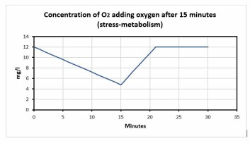 Figure 2: Concentration of oxygen in tanks stocked with pre-smolt during 30 minutes after a power outage when oxygen is added after 15 minutes. Prerequisites in text (stress-metabolism). Click image to enlarge. Figure 2: Concentration of oxygen in tanks stocked with pre-smolt during 30 minutes after a power outage when oxygen is added after 15 minutes. Prerequisites in text (stress-metabolism). Click image to enlarge.