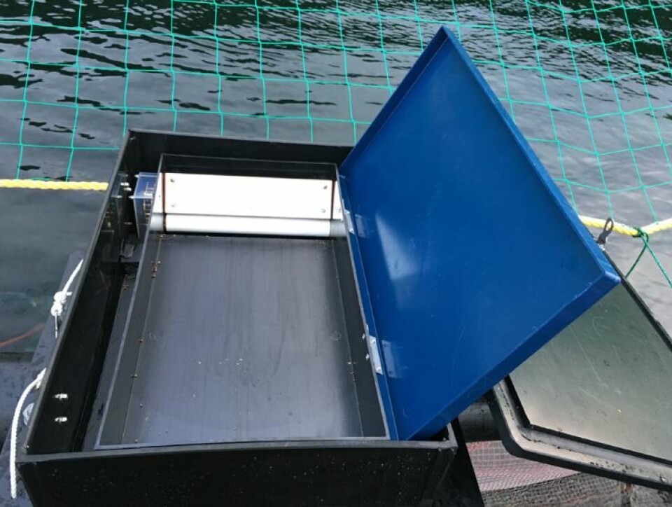 NorseAqua's belt feeder for cleaner fish. The company has installed 1,700 units and says it's the most-used cleaner fish feed dispenser on the market. Photo: NorseAqua.