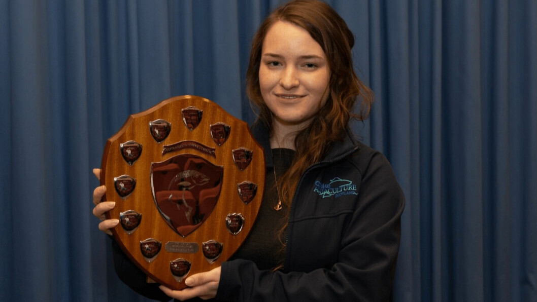 Emma Rochester, pictured with the 2019 Jim Tait Prize for Aquaculture, is a finalist in the British Education Awards. Photo: NAFC.