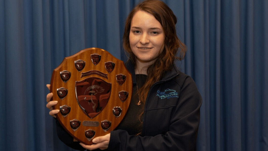 Emma Rochester, pictured with the 2019 Jim Tait Prize for Aquaculture, is a finalist in the British Education Awards. Photo: NAFC. Emma Rochester, pictured with the 2019 Jim Tait Prize for Aquaculture, is a finalist in the British Education Awards. Photo: NAFC.