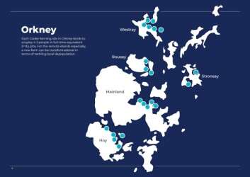 A map of Cooke's Orkney sites included in its report on the benefits of salmon farming. Papa Westray is unlabelled but it just above Westray. Click image to enlarge.