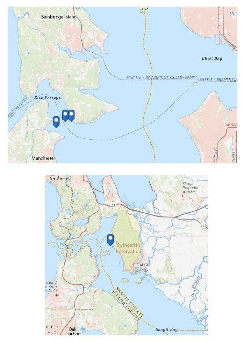 Cooke has been given modified permits for four sites - three in Rich Passage and one in Skagit Bay. Click on image to enlarge. Maps: Department of Ecology.