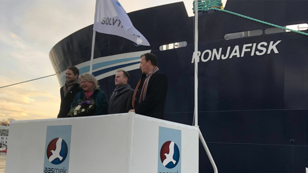 SSC marketing boss Su Cox at the launch of the Sølvtrans wellboat Ronjafisk, which is on a five-year contract with the company. SSC spent £7.5m on wellboat lease payments last year. Photo: Aas Mek.