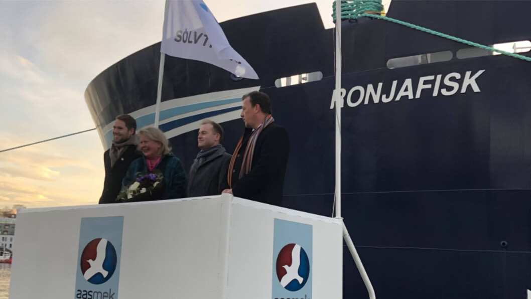 SSC marketing boss Su Cox at the launch of the Sølvtrans wellboat Ronjafisk, which is on a five-year contract with the company. SSC spent £7.5m on wellboat lease payments last year. Photo: Aas Mek. SSC marketing boss Su Cox at the launch of the Sølvtrans wellboat Ronjafisk, which is on a five-year contract with the company. SSC spent £7.5m on wellboat lease payments last year. Photo: Aas Mek.