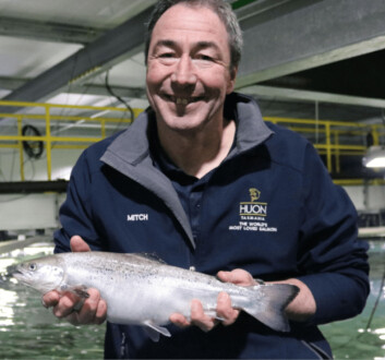 David Mitchell, pictured with a 1kg smolt previously produced at Whale Point. Photo: Huon. David Mitchell, pictured with a 1kg smolt previously produced at Whale Point. Photo: Huon.