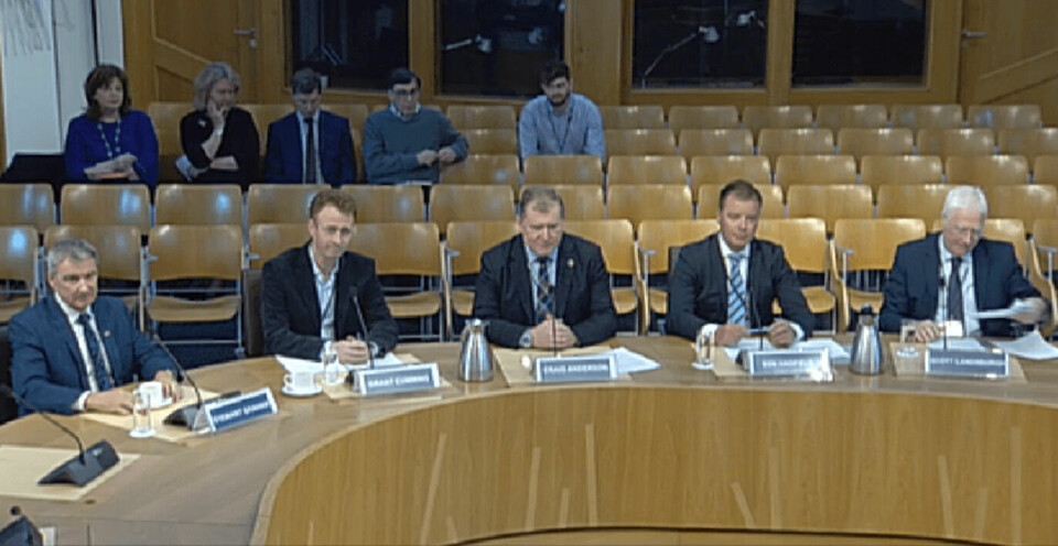 Ben Hadfield, second from right, giving evidence at the REC Committee inquiry alongside, from left, Gael Force boss Stuart Graham, Grieg Shetland MD Grant Cumming, Scottish Salmon Company MD Craig Anderson and former Scottish Salmon Producers' Organisation chief executive Scott Landsburgh.
