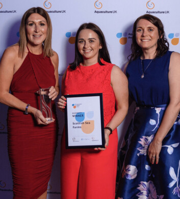 SSF's head of human resources Tracy Bryant-Shaw with colleagues Emma Leyden and Claire Scott after winning the Diversity Award at the Aquaculture Awards 2019. The team now has three more accolades from Investors In People. Click on image to enlarge. Photo: SSF.