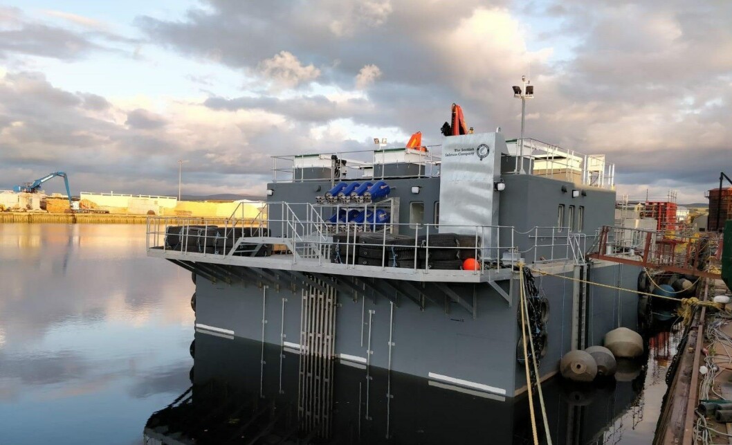 SSC's new 400-tonne feed barge pictured at Gael Force's yard in Inverness before being towed to Skye. Photos: Marc Wilson / Gael Force SSC's new 400-tonne feed barge pictured at Gael Force's yard in Inverness before being towed to Skye. Photos: Marc Wilson / Gael Force