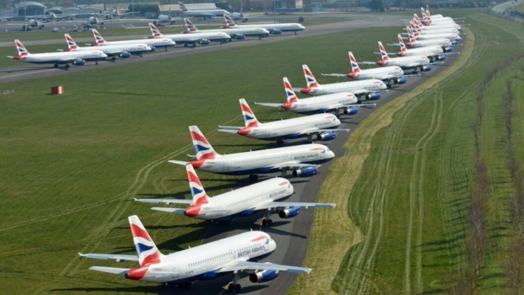 Grounded passenger jets in England. The huge reduction in flights has hampered salmon exports. Photo: National Police Air Service.