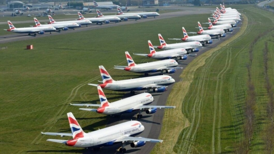 Grounded passenger jets in England. The huge reduction in flights has hampered salmon exports. Photo: National Police Air Service. Grounded passenger jets in England. The huge reduction in flights has hampered salmon exports. Photo: National Police Air Service.