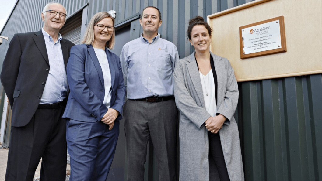 From left: Jim McKay, group director for science and technology at AquaGen's German owner, EW Group; AquaGen chief executive Nina Santi, AquaGen Scotland managing director Andy Reeve and Scottish government rural affairs secretary Mairi Gougeon. Photo: AquaGen. From left: Jim McKay, group director for science and technology at AquaGen's German owner, EW Group; AquaGen chief executive Nina Santi, AquaGen Scotland managing director Andy Reeve and Scottish government rural affairs secretary Mairi Gougeon. Photo: AquaGen.