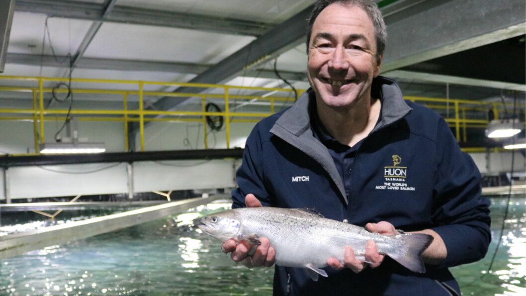 Huon's freshwater manager David Mitchell with one of the fish grown at the Whale Point on-land nursery. Photo: Huon Aquaculture.