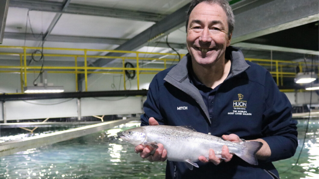 Huon's freshwater manager David Mitchell with one of the fish grown at the Whale Point on-land nursery. Photo: Huon Aquaculture. Huon's freshwater manager David Mitchell with one of the fish grown at the Whale Point on-land nursery. Photo: Huon Aquaculture.