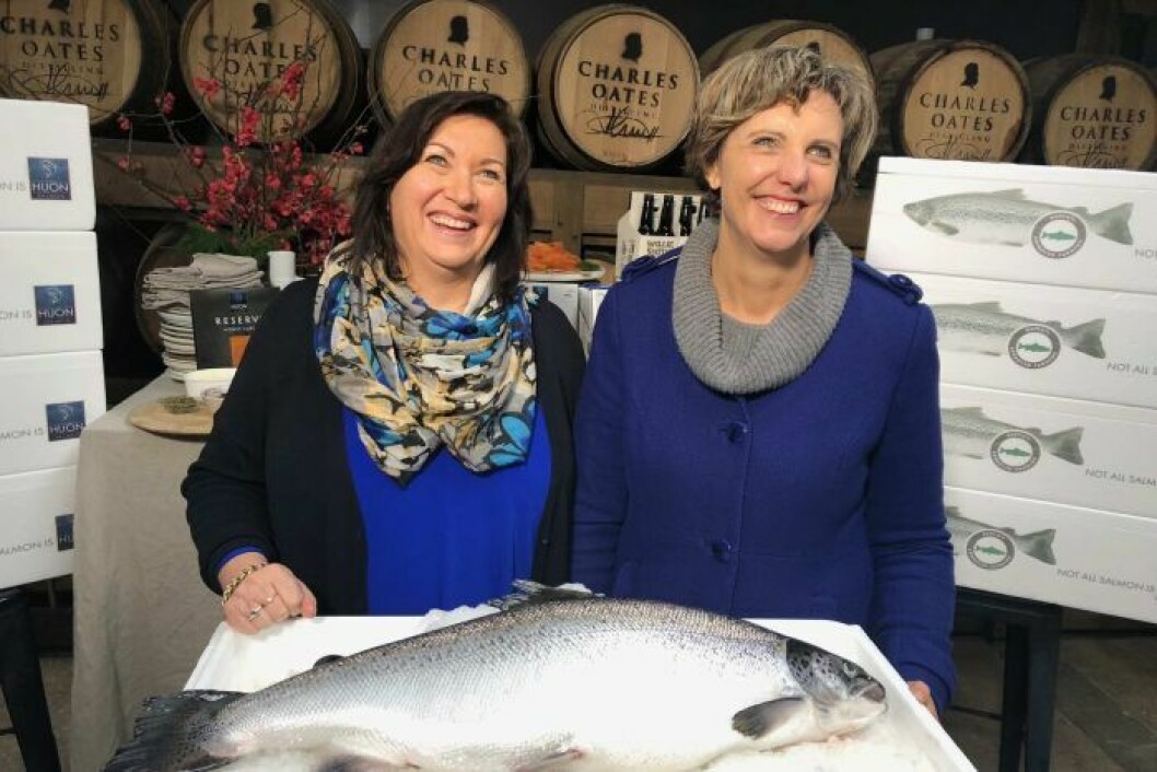 Huon Aquaculture's Frances Bender, left, and RSPCA Australia CEO Heather Neil announce Huon's certification. Photo: ABC Huon Aquaculture's Frances Bender, left, and RSPCA Australia CEO Heather Neil announce Huon's certification. Photo: ABC